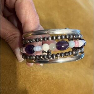 Carolyn Pollack Relios Sterling 925 Silver Beaded Gemstone Cuff Bracelet 7.5 in